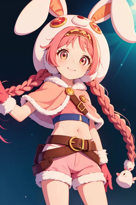 pink hair, long twin braids, little girl, pink short sleeves, red gloves, light orange eyes, rabbit ear hood, blue shorts, belt,...