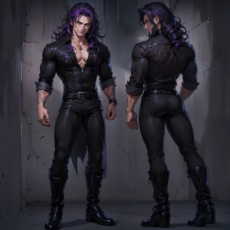 Handsome male. Dark silky purple hair, amber eyes, lean and muscular build, with a sharp jawline and a devilish smile. Im dressed in fine black clothes and have a silver stake tucked in my sleeve. Vampire. Bara. Bulge in pants. Black boots. Piercings. Wavy...