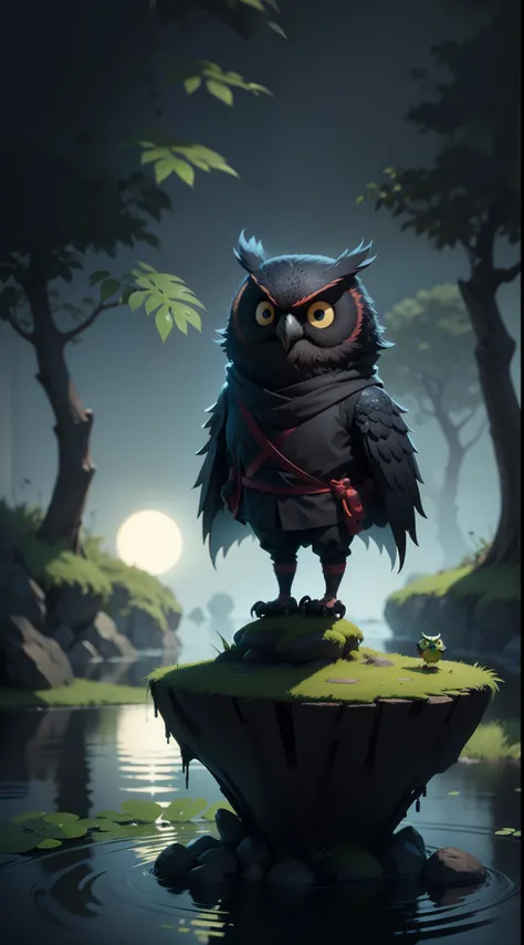 create a vibrant dark fantasy cute ninja owl in a clean-lined minimalistic cartoon style, in the background a pond with greenery all around on a fabulous evening, octane render, 8k