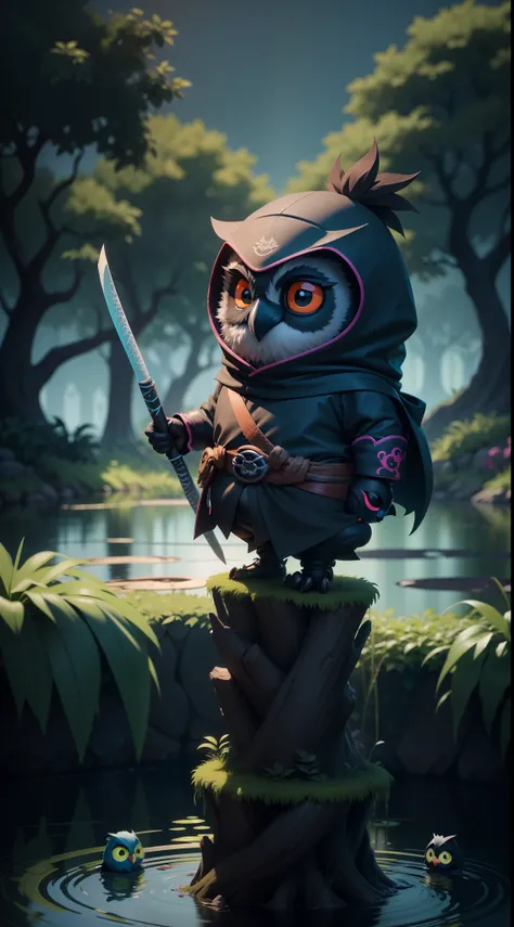 create a vibrant dark fantasy cute ninja owl in a clean-lined minimalistic cartoon style, in the background a pond with greenery all around on a fabulous evening, octane render, 8k