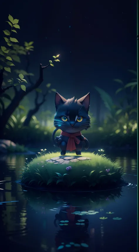 create a vibrant dark fantasy cute ninja cat in a clean-lined minimalistic cartoon style, in the background a pond with greenery all around on a fabulous evening, octane render, 8k