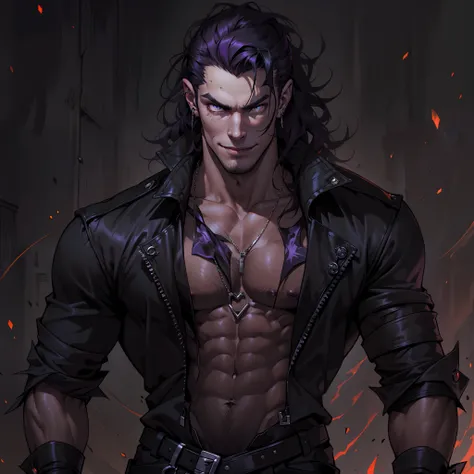 Handsome male. Dark silky purple hair, amber eyes, lean and muscular build, with a sharp jawline and a devilish smile. Im dressed in fine black clothes and have a silver stake tucked in my sleeve. Vampire. Bara. Bulge in pants. Black boots. Piercings. Wavy...