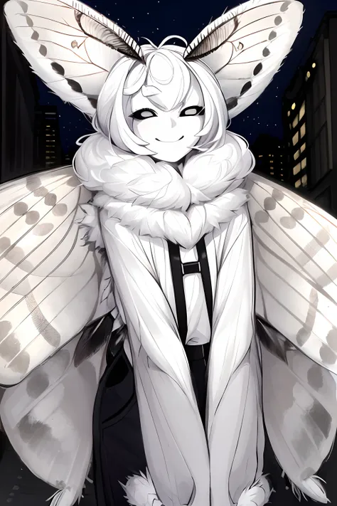 masterpiece, best quality, 1girl, solo, moth girl, white hair, white skin, four arms, multiple arms, black eyes, neck fur, moth ...