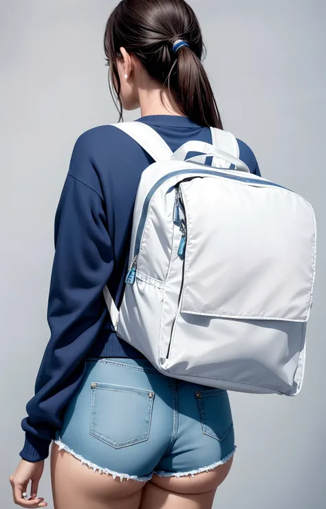 Uma mulher bonita de shorts esportivo (shorts esportivo tem) and blue sweater is carrying a backpack, shorts nylon, shorts esportivo, Behind Accentuated,  Back from Toned, Propriedade tonificada, uma mochila, mochila, com uma mochila, mochila disco de cont...