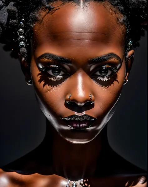 (8k, RAW photo, highest quality), beautiful (black skin woman)++, close up, dress, (detailed eyes:0.8), (looking at the camera:1.4), (highest quality), (best shadow), , intricate details, interior, dark studio, muted colors,