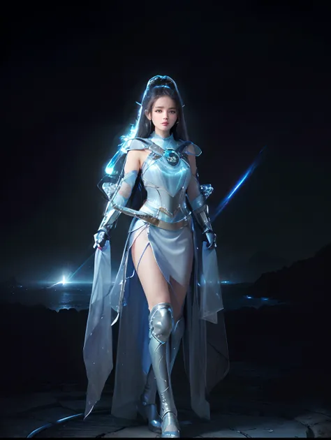 primitive, 1girll, Colorful, ((White matte armor, Blue lights )), (Masterpiece, Best quality), (Wired hair:1.5) (Detailed skin:1.3, Detailed face:1.3), Digital SLR, Realistic, (((Seductive pose, Detailed galaxy landscape))), Delicate, pastelcolor, Cinemati...