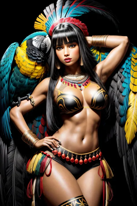 1girl, ((big chest)), (cut abdomen: 1.1), (perfect body: 1.1), (long straight hair: 1.2), ((black hair)), full body, wild Brazilian India Xavante, (((skin extreme tan))), straight black hair with bangs, huge blue macaw parrot feather headdress, athletic bu...