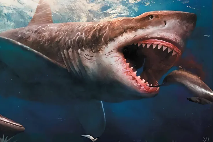 There is a shark with its mouth open and its mouth wide open, Megalodon, meu filho! the jaws that bite, A shark, Great white shark, Shark, maxilas, boca aberta em um rugido aterrorizante, Ainda do filme Sharknado, anthropomorphic shark, Shark, ultra realis...