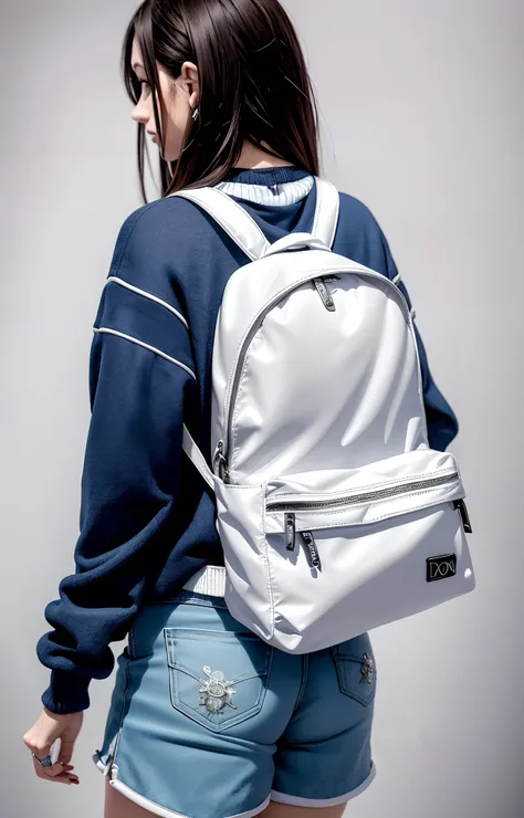 Uma mulher bonita de shorts esportivo curto (shorts esportivo curto tem) and blue sweater is carrying a backpack, shorts nylon, shorts esportivo, Costas acentuadas,  Back from Toned, Propriedade tonificada, ((shorts esportivo bem curto)) uma mochila, mochi...