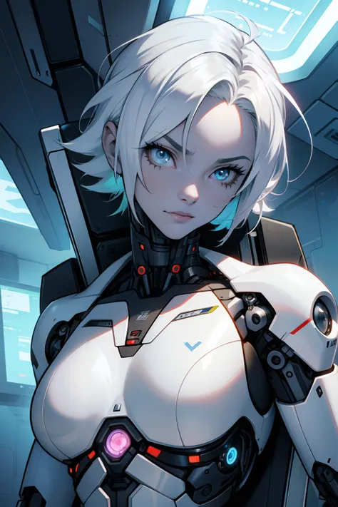 crazy scientist cyborg woman, thin, of short stature, with white skin and colored hair who seems kind and trustworthy