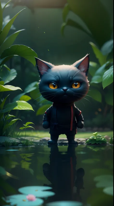 create a vibrant dark fantasy cute ninja cat in a clean-lined minimalistic cartoon style, in the background a pond with greenery all around on a fabulous evening, octane render, 8k