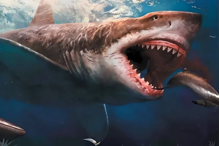 There is a shark with its mouth open and its mouth wide open, Megalodon, meu filho! the jaws that bite, A shark, Great white shark, Shark, maxilas, boca aberta em um rugido aterrorizante, Ainda do filme Sharknado, anthropomorphic shark, Shark, ultra realis...