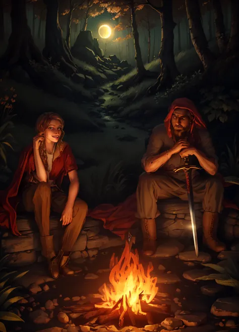 Two people sitting by the fire and talking, man and woman, Beautiful faces, Beautiful facial features, expressive eyes, Smile, Man has a sword, He leans on a sword;, high grass, stones and a wood-burning fire, at a campfire in the forest, Bright Night, Moo...