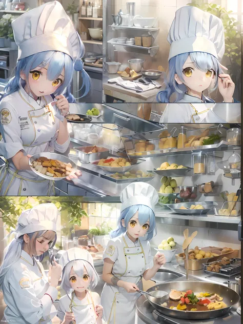 Hi-Res、masterwork、Megumi Tadokoro、Blue-haired、独奏、chef、Chef Costumes、kitchin、女の子1人、outside of house、background detailed、white  clothes、finely eye、（yellow  eyes）