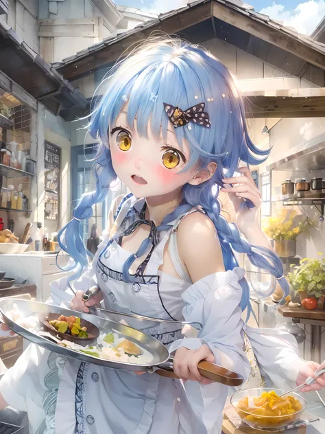 hi-res、masterwork、megumi tadokoro、blue-haired、独奏、chef、chef costumes、kitchin、女の子1人、outside of house、background detailed、white  cl...