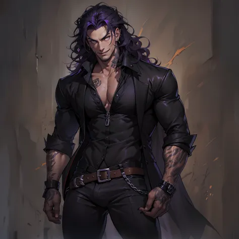 Handsome male. Dark silky purple hair, amber eyes, lean and muscular build, with a sharp jawline and a devilish smile. Im dressed in fine black clothes and have a silver stake tucked in my sleeve. Vampire. Bara. Bulge in pants. Black boots. Piercings. Wavy...