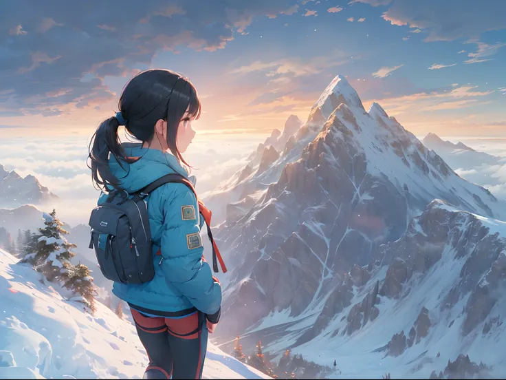 (masterpiece:1.0), (best quality:1.0),(ultra detailed:1.0), 1girl,black hair,hair bun,blue jacket,climbing uniform,snow jacket,winter clothes,backpack,mountain,sunrise,sea of clouds,(looking away,from behind,looking ahead:1.4)