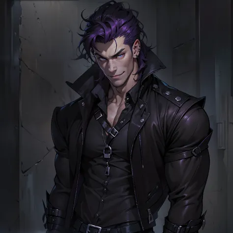 Handsome male. Dark silky purple hair, amber eyes, lean and muscular build, with a sharp jawline and a devilish smile. Im dressed in fine black clothes and have a silver stake tucked in my sleeve. Vampire. Bara. Bulge in pants. Black boots. Piercings. Wavy...