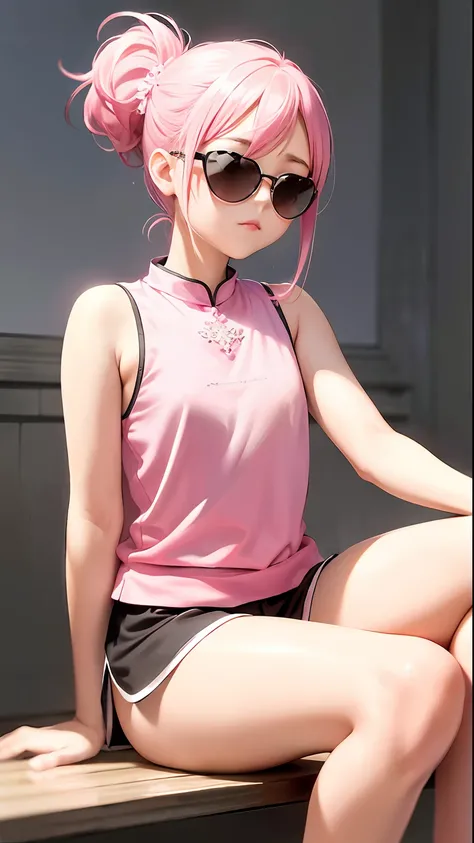 Sleeveless, pink china garment, (delicately embroidered china garment), pink short ponytail, black shorts, pink wristband, black sunglasses