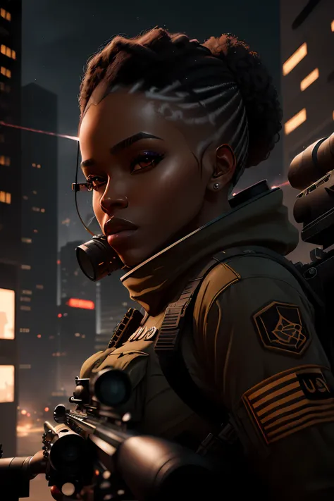 Black woman with a sniper rifle, looking through the scope, positioned on top of building shooting at the enemy on the street, photorealistic image, 8k, ultra HD, unreal engine rendered, cinematic lighting, artgerm style,