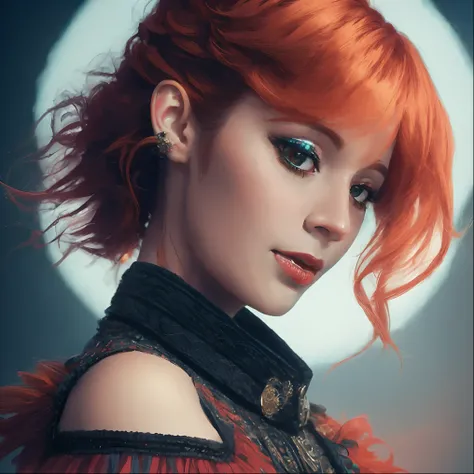 a close up of a woman with red hair and a black top, high quality portrait, beautiful portrait of nami, color portrait, orange glowing hair, mylene farmer, orange hair, bright orange hair, with red hair, cgsociety portrait, anna nikonova aka newmilky, by G...