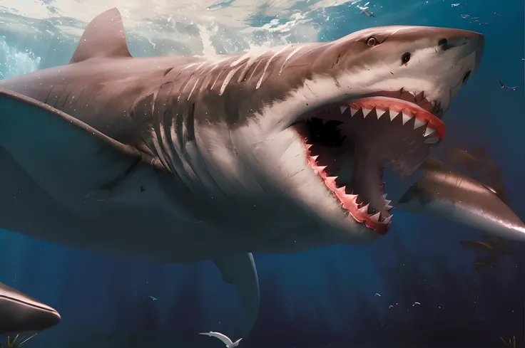 There is a shark with its mouth open and its mouth wide open, Megalodon, meu filho! the jaws that bite, A shark, Great white shark, Shark, maxilas, boca aberta em um rugido aterrorizante, Still from the movie Shark:, anthropomorphic shark, Shark, ultra rea...