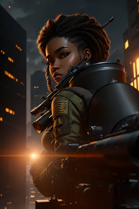 Black woman with a sniper rifle, looking through the scope, positioned on top of building shooting at the enemy on the street, photorealistic image, 8k, ultra HD, unreal engine rendered, cinematic lighting, artgerm style,