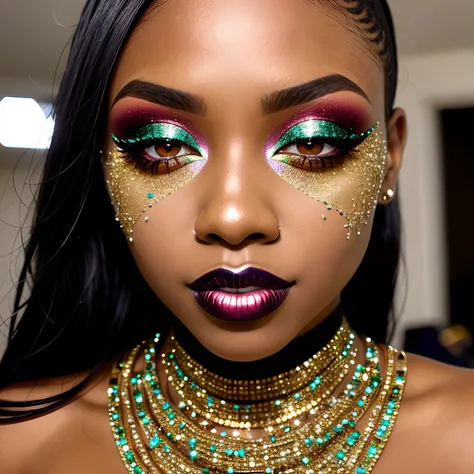 details, black skin details, glitter, makeup