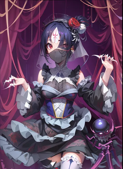 Girl fused with a spider. Kimono Maid Clothing. Face Veil. Spider Web Costume. Spider legs from the skirt. Inside the mansion. Spider hair ornament. sharp claws. Chess.