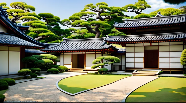 Create an illustration of a Japanese mansion in a grand style. The mansion should be large and display traditional elements of Japanese architecture, como telhados inclinados, varandas amplas, portas de correr e janelas em estilo shoji. A paleta de cores d...