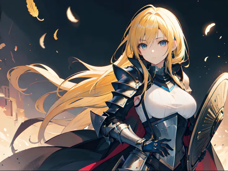 "Anime-style illustration of a beautiful girl with yellow hair and blue eyes wearing full plate valkyrie armor. The armor, shield, and lance are adorned with golden strip black accents. She wears a black robe like feathers."beautiful female knight, arknigh...