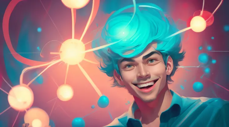 "Cheerful man with atom head flat medium lighting Studio background cyan lya kuvshinov, cushart krenz, artgerm, 8 k trending on artstation by edgar maxence and marc simonetti with instagram filters