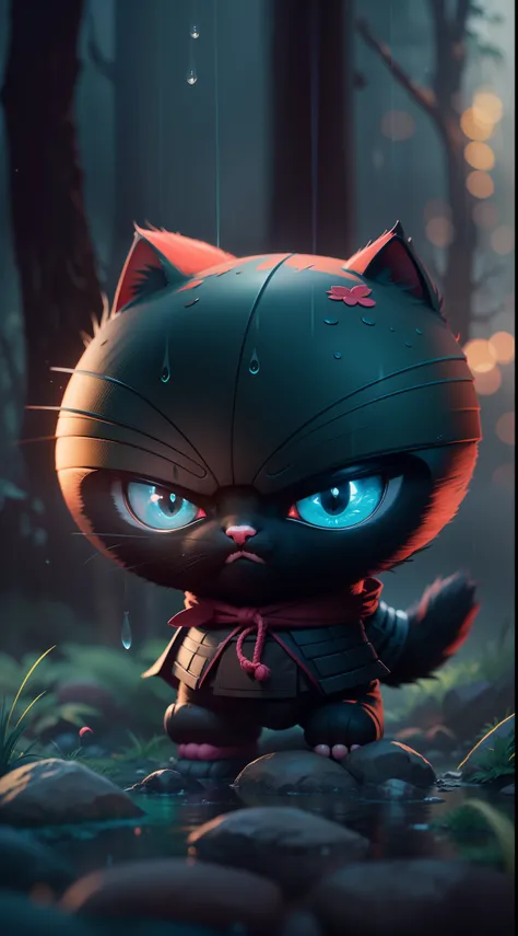 Create a vibrant dark fantasy cute ninja CAT in a clean-lined minimalistic cartoon style, in the background a beautiful forest, rain, octane render, 8k