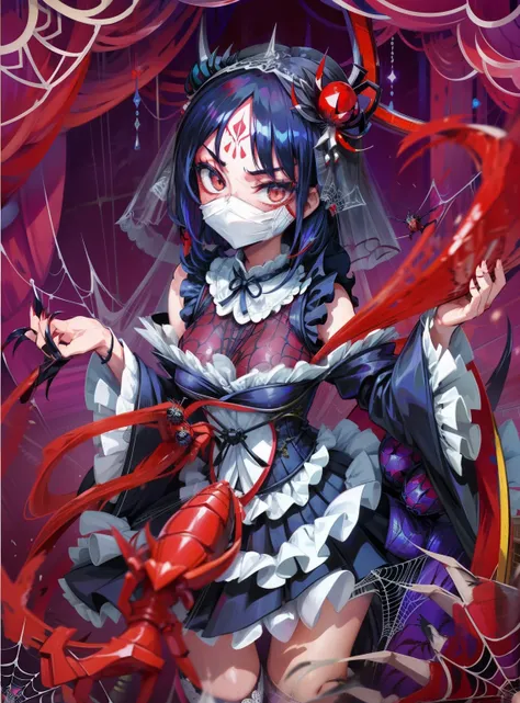 Girl fused with a spider. Kimono Maid Clothing. Face Veil. Spider Web Costume. Spider legs from the skirt. Inside the mansion. Spider hair ornament. sharp claws. Chess.