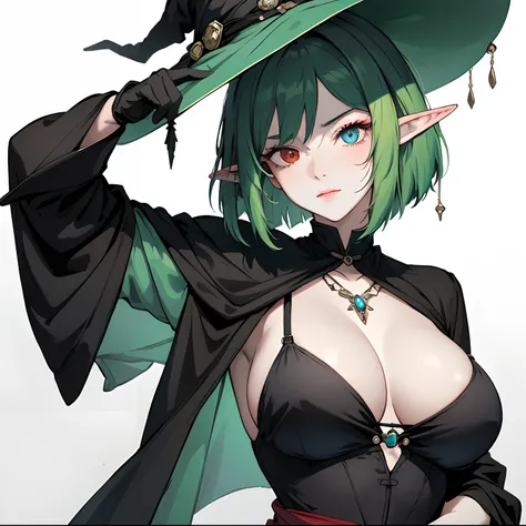 best quality, masterpiece, highres, 1girl,witch, solo, (green hair)+(bob cut hair), (Heterochromia)+(Red eyes)+(Blue eyes), (breasts:1.6), elf ears, black witch hat, black witch robes, necklace