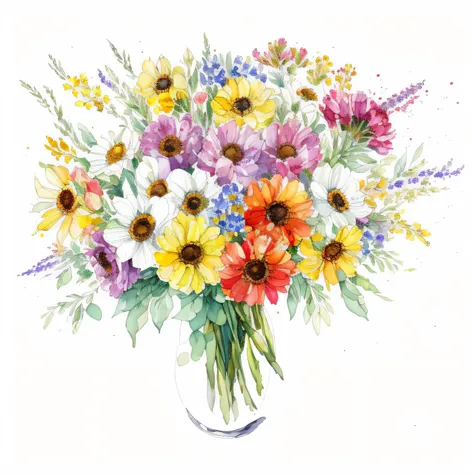 bouquet of assorted flowers, high quality, ((white background)), no people, watercolor, no text, fully colored