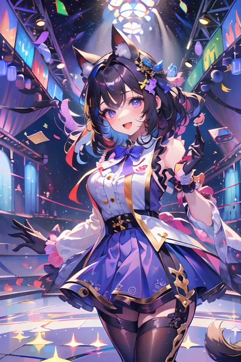 (masterpiece),(best quality),(ultra-detailed), beautiful detailed face. 1girl, animal ears, idol uniform, cat ears, solo, tail, gloves, idol clothes, purple eyes, skirt, black hair, cat girl, open mouth, smile, bow, short hair, animal ear fluff, looking at...