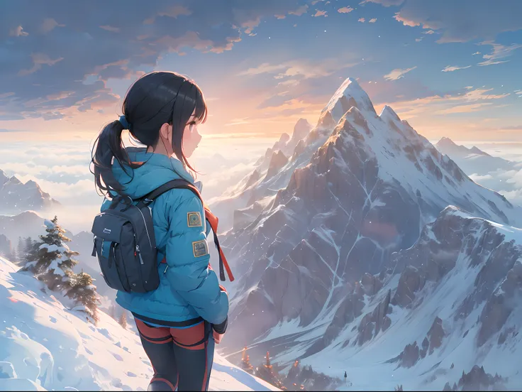 (masterpiece:1.0), (best quality:1.0),(ultra detailed:1.0), 1girl,black hair,hair bun,blue jacket,climbing uniform,snow jacket,winter clothes,backpack,mountain,sunrise,sea of clouds,(looking away,from behind,looking ahead:1.4)