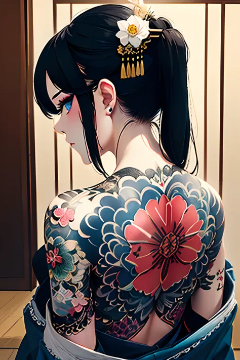 (masterpiece, top quality, best quality, official art, beautiful and aesthetic:1.2),1girl, tattoo, solo, japanese clothes,  hair ornament, unsheathing, black hair, sheath, back tattoo, blue eyes,  off shoulder, bare shoulders, looking back, from behind, fl...