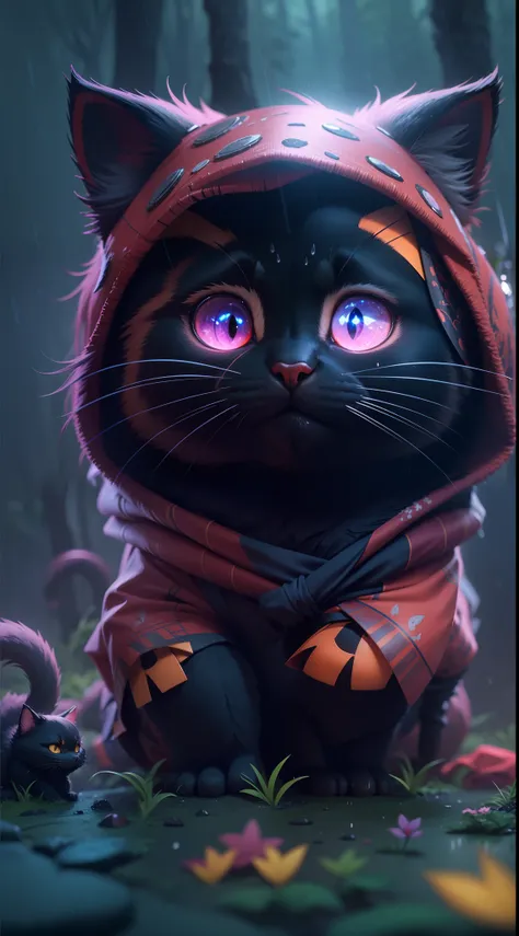 Create a vibrant dark fantasy cute ninja CAT in a clean-lined minimalistic cartoon style, in the background a beautiful forest, rain, octane render, 8k