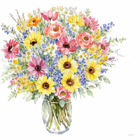 bouquet of assorted flowers, high quality, ((white background)), no people, watercolor, no text, fully colored, in a pattern