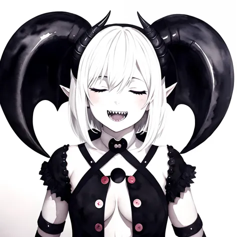 1girl, arms under breasts, black horns, buttons, closed eyes, demon girl, horns, limited palette, open mouth, painting (medium), sharp teeth, short hair, smile, teeth, traditional media, watercolor (medium), white background, white hair