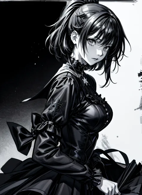 gothic punk、actionpose、overflowing、cheerfully、（manga style）、（comic noir style）、(linear art_anime)、（black-and-white）、(monotone_st...