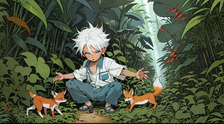 (Three sided view:0.9), (A 10-year-old baby boy:1.2) with (white hair:1.2) and (blue eyes:1.1) playing with a (friendly fox:1.1) in the (lush jungle:1.3).