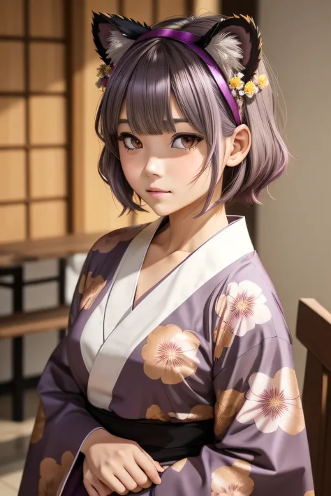 anime girl Clothing:Yukata:Brown, Animal Ears:Tiger:Brown, Background:University, Eyes:Gray, Facial Expression:Blushing, Hair Accessories:EX Flower Crown, Hair Color:Magenta, Hair Length:Short, Hair Style:Crew Cut, Skin Style:Tan,