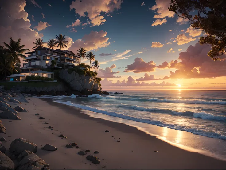 Vila, Coastal, imagination, (realista), clear sky, compositing, sun sunset, (hdr:1.5), ao ar livre, detalhes intrincados,