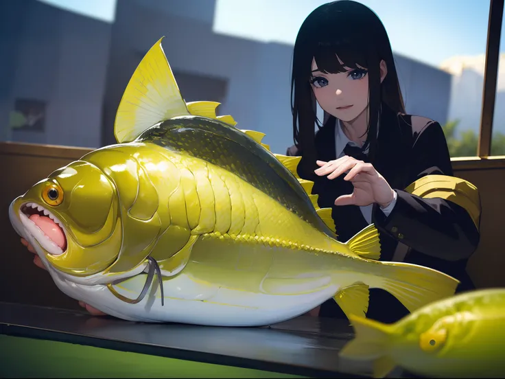 ((((Catching a big fish by the lakeside)))),((Best Quality, masterpiece :1.5)),((( Large Mouth Bass:1.2))),hight resolution,ultra-detailliert,Beauty and aesthetics,​masterpiece,best qualtiy,(1 woman aged Japan 22),Black hair, long eyeslashes, Solid Circle ...