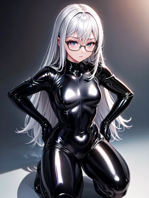 5 8K UHD、Silver-haired and small-nosed beauty in a black shiny black full-body rider suit wearing glasses squatting with her crotch wide open、Wearing a shiny black latex slider suit with hidden skin、Shiny black latex slider suit、Small-nosed beauty looking ...