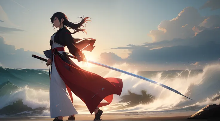 In anime girl with sword on the beach、Waves crashing in the background, beautiful digital works of art, badass anime 8 K, alena aenami and artgerm, artgerm and atey ghailan, she is holding a katana sword, anime style 4 k, 4k anime wallpaper, by Yang J, ani...