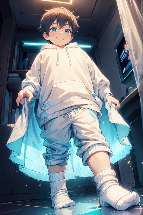 Masterpiece, chubby Little boy with dark cyan hair and shiny gold colored eyes and small socks wearing a hoodie, and oversized sweatpants sitting on a couch watching tv in a dark room and showing his soles, raining outside window, young, boy, child, small,...